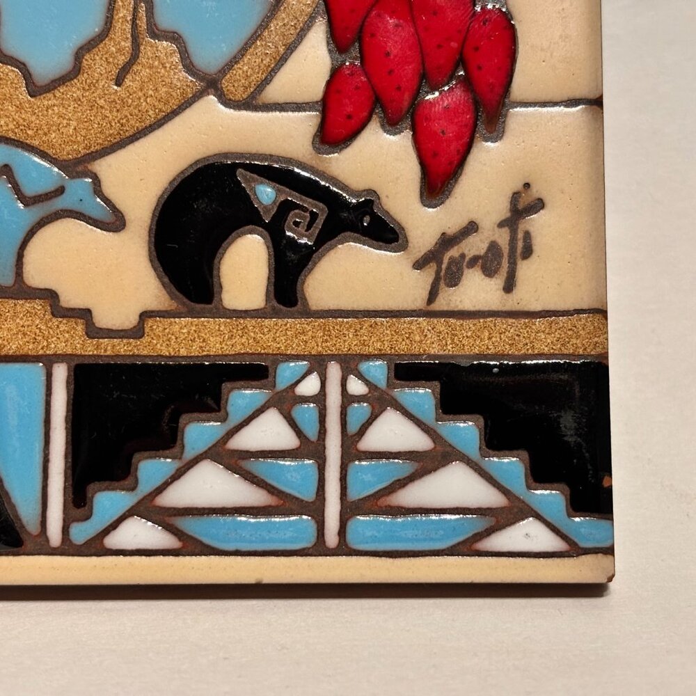 Hand Glazed Earthtones Southwestern Kiln Fired Terracotta Tile Trivet Tu-Oti 6" - Picture 7 of 14